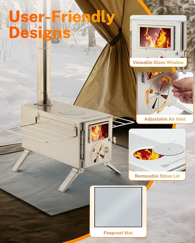 Gonex Portable Wood Stove Stainless Steel Wood Burning Hot Tent Camping Stove with Chimney Pipes & Gloves for Outdoor, Tent, Shelter, Heating, Cooking (15"X7.7")