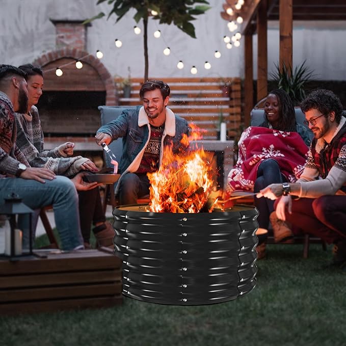 32 Inch Round Galvanized Fire Pit Ring/Fire Ring - Foldable and Perfect for Outdoor Gatherings and Campfires in The Yard/Garden/Park/Beach (Black+Gray, 2.7 FT Diameter+1.5 FT Tall)