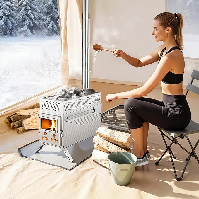 Wood Burning Sauna Hot Tent Stove, 2 in 1 Tent Wood Burning Stove with Chimney Pipe for Outdoor Camping Heating