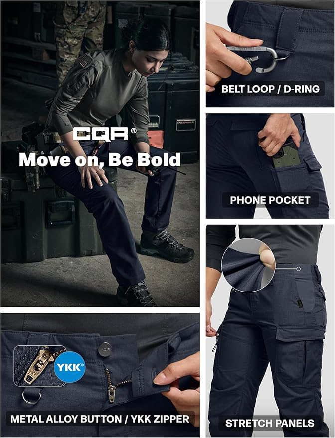 CQR Women's Flex Stretch Tactical Pants, Water Resistant Ripstop Cargo Work Pants with Pockets for Outdoor & Hiking