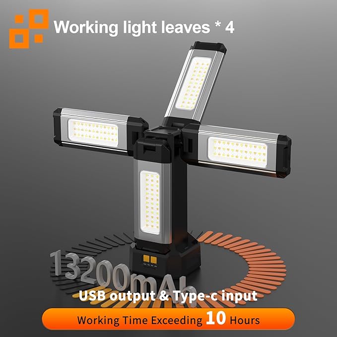 13200mAh Rechargeable Aluminum Work Light , IPX4 Waterproofwith Folding Stand Support and Portable Carrying Bag, 8000 Lumen Stepless Dimmable , 3 Lighting Modes, White/Warm/Nature White