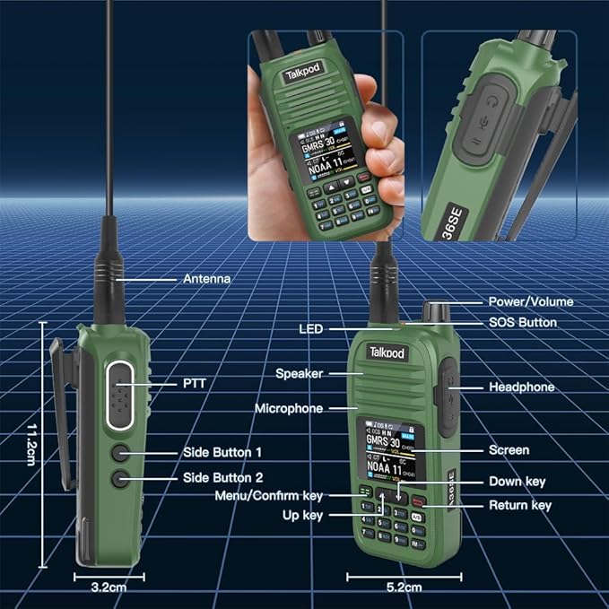 A36SE GMRS Handheld Radio Long Range, Multi Band Walkie Talkie with 771 Aviation Antenna & 805 Antenna, Type-C Rechargeable Battery, AM/FM Reception, NOAA, Two Way Radio with Earpiece (Green)