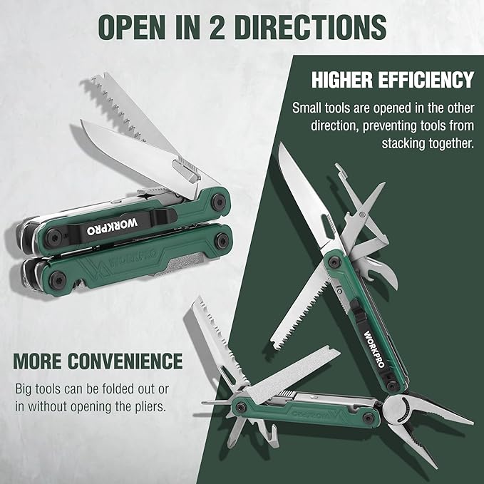 WORKPRO 18-in-1 Multi Tool Pliers, Gifts for Men, Stainless Steel EDC Multitool with Pocket Knife, 2 Safety Locks, Belt Clip and Oxford Pouch, Utility Multiuse Tool for Camping