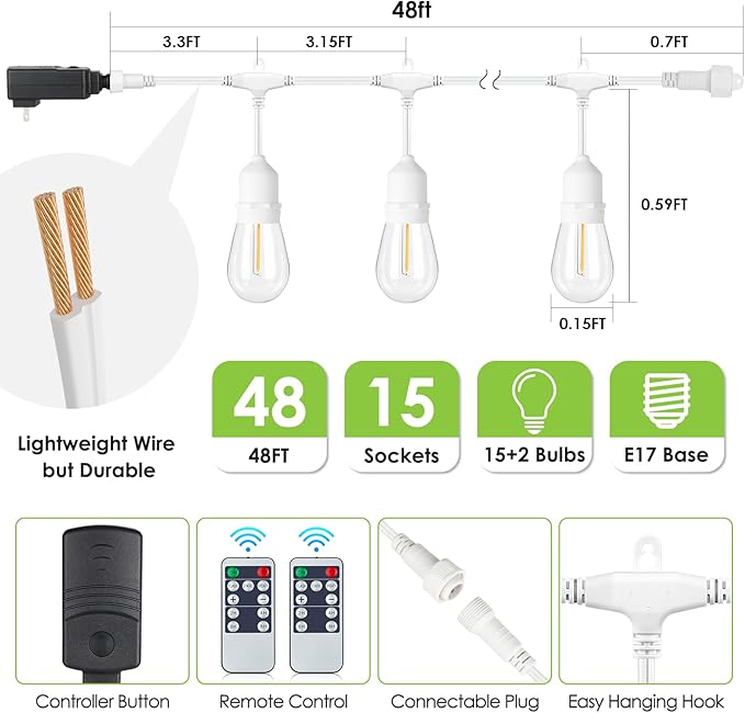 48FT Outdoor String Lights with Remote, Dimmable Patio Lights with 15+2 Waterproof 3 Modes 4 Timers Hanging LED Bulbs for Party Weeding, White