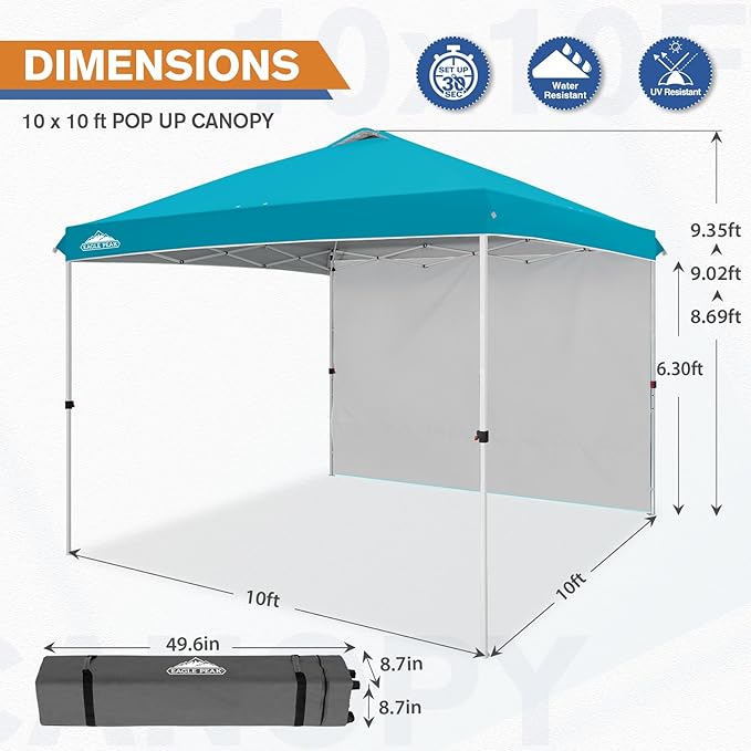 EAGLE PEAK Pop Up Canopy Tent with 1 Sidewall, Easy Setup Event Tent, Outdoor Sun Shade, Wheeled Carry Bag, Stakes and Guy Ropes, Instant Canopy 10x10, Turquoise