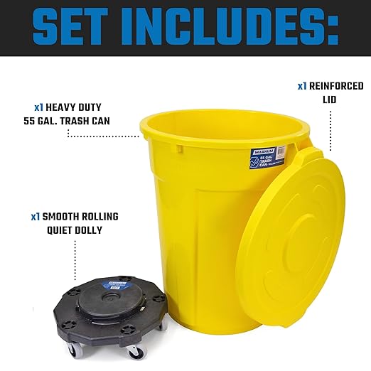 Magnum Yellow 55 Gallon Trash Can Set (Trash Can, Quiet Dolly, and Reinforced Lid), Construction Grade, Jobsite Ready, Non-Marking Wheels & Casters for Rolling Garbage CMTC-CLD0-55Y01 (1 Set)