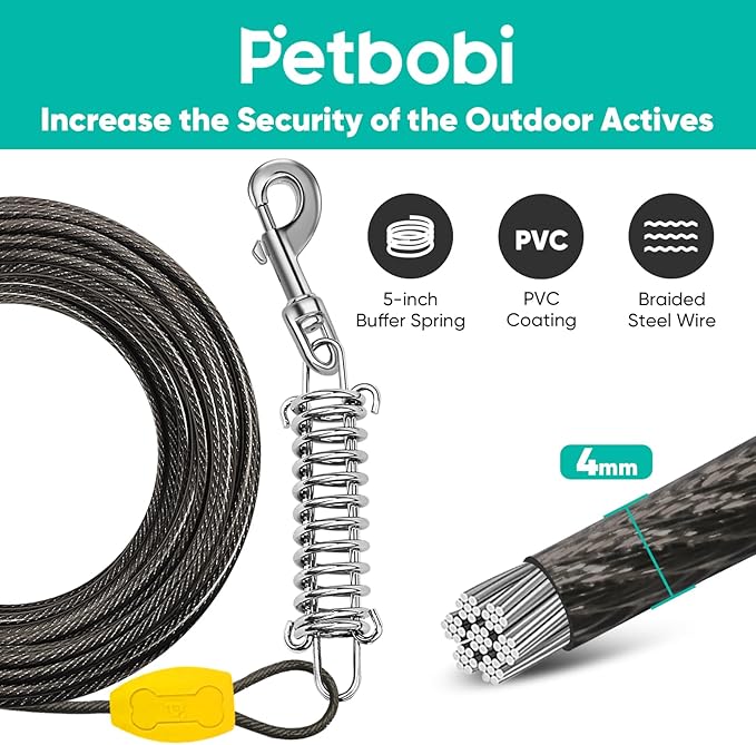 Petbobi Dog Tie-Out Cable and Stake - 50ft Heavy Duty Cable with Spring, No Tangle, 16in Ground Stake, Ideal for Yard, Camping and Beach, Suitable for Medium to Large Dogs Up to 120 lbs, Black