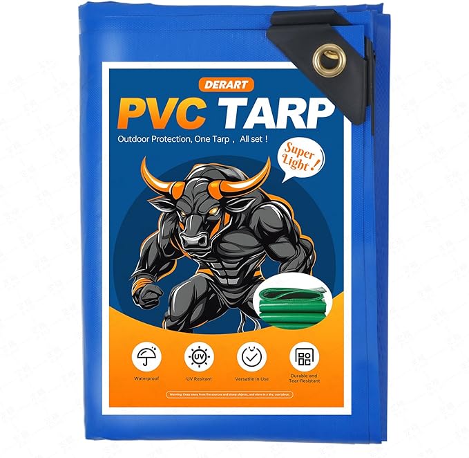 10 MIL Heavy Duty PVC Tarp - Waterproof, Ripproof & UV Resistant Blue Cover for Truck, Boat, Camping, Outdoor Use (6'x8')