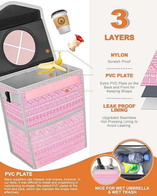 Car Trash Can with Lid, Cute Leakproof Car Trash Garbage Bag Hanging Vehicle Trash Bin Small Portable Automotive Garbage Cans Organizer for Back/Front Seat/Console(Trapezoid,Pink Print)