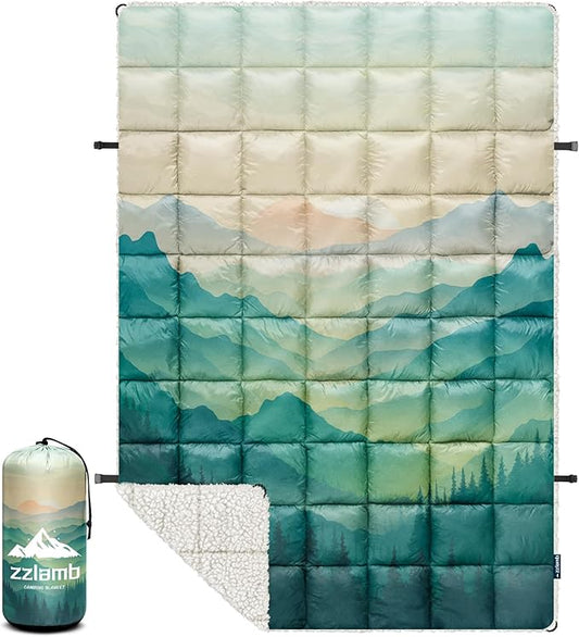 zzlamb Sherpa Puffy Camping Blanket,Packable Outdoor Warm Wearable Fleece Blankets for Cold Weather,Thick Camp Quilt with Sherpa Lining for Sleeping,Traveling,Backpacking,Picnics,Beach,Stadium 52x75in