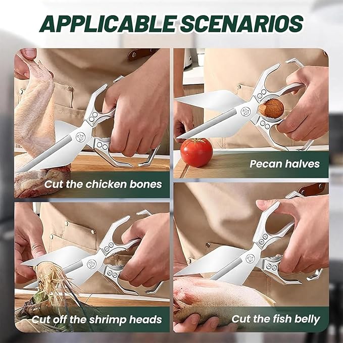 Multifunctional Heavy-Duty Kitchen Shears, Heavy Duty Kitchen Scissors for Food with Ergonomic Handle, High-Carbon Steel Culinary Shears for Chicken, Meat, Seafood, Bone Cutting (Silver)