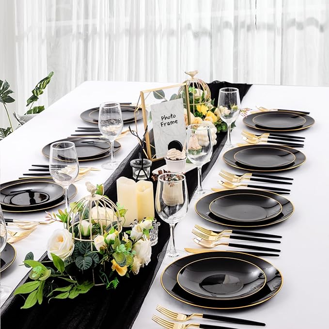 Nervure 150PCS Black Plastic Plates - Black and Gold Disposable Plates - Premium Heavyweight Gold Plastic Dinnerware with Black Silverware Ideal for Wedding & Halloween & New Year
