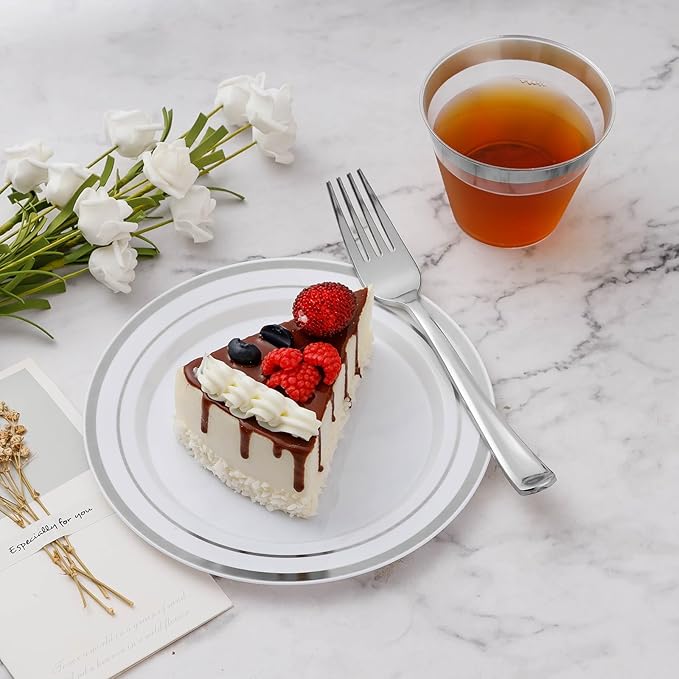600PCS Silver Dinnerware Set for 100 Guests, Plastic Plates for Party, 100 Silver Disposable Plates, 100 Dessert Plates, 100 Cups, 100 Spoons, 100 Forks and 100 Knives