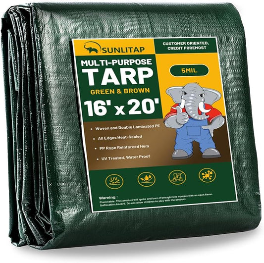 16x20Ft Tarp Cover 5 MIL Waterproof Poly Tarps, Light Duty Tarpaulin with Grommets, Reinforced Edges, Rip & Tear Proof, Multipurpose Finished Size Tarp for Cars, Boat, Roof, Camping - Green