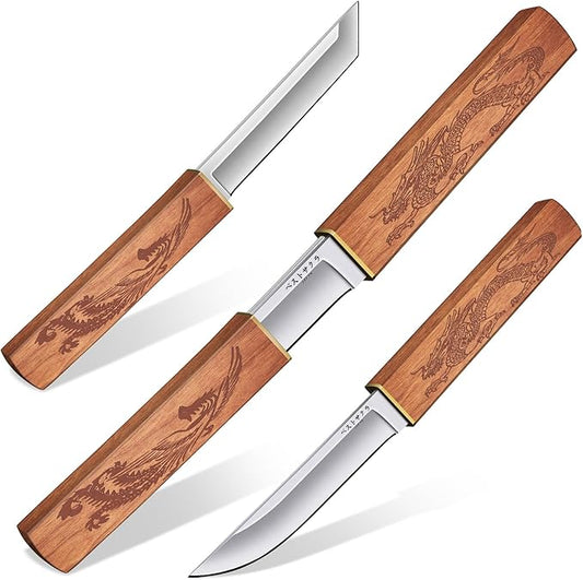 Purple Dragon Tanto Fixed Blade Knife, Katana Survival Bushcraft Knife, Full Tang Samurai Knives 2 in 1, Ideal for Camping, Fishing, Hiking, Hunting-Knives for Men, Gift for Father (Wood)