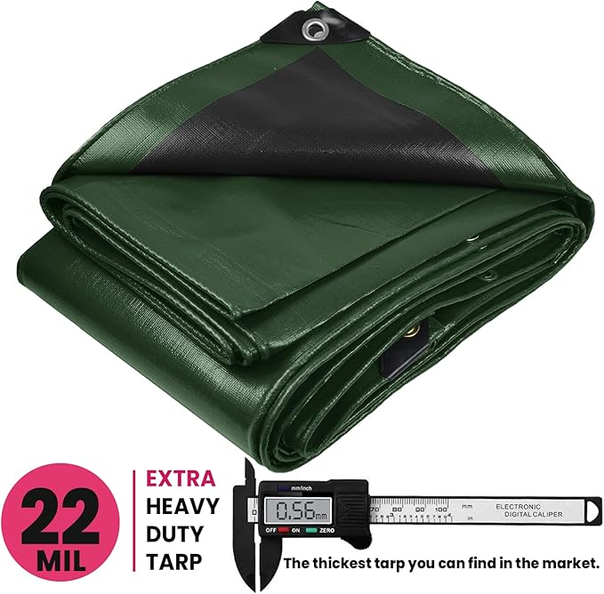PROTARP Extreme Heavy Duty 22 Mil Tarp Cover, Waterproof, UV Resistant, Rip and Tear Proof, Poly Tarpaulin with Reinforced Edges for Roof, Camping, Patio, Pool, Boat. (Green/Black 12′ X 16′)