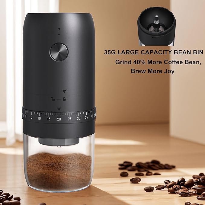 Portable Battery Powered Burr Coffee Grinder with 40 Adjustable Settings and 35g Capacity, 1800mAh Rechargeable Coffee Bean Grinder with Conical Ceramic Burr for Travel, Camping, Office, Espresso etc