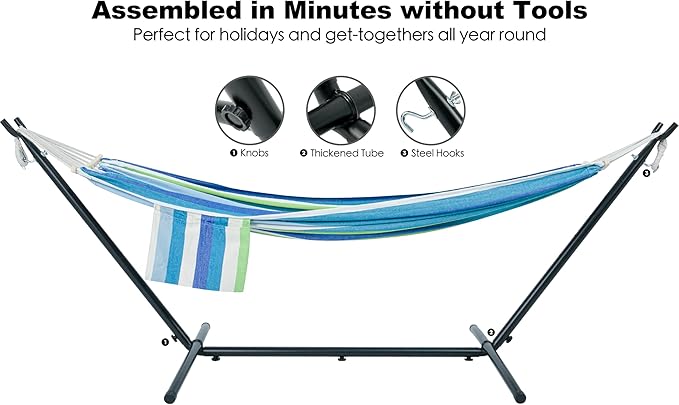 Double Hammock with Stand for Outside, Upgraded Spreader Bar, Heavy Duty Space Saving Steel Stand 2 Person, Convenient Pockets, Easy Assembly, 600lbs Weight Capacity, Indoor & Outdoor (Lagoon)