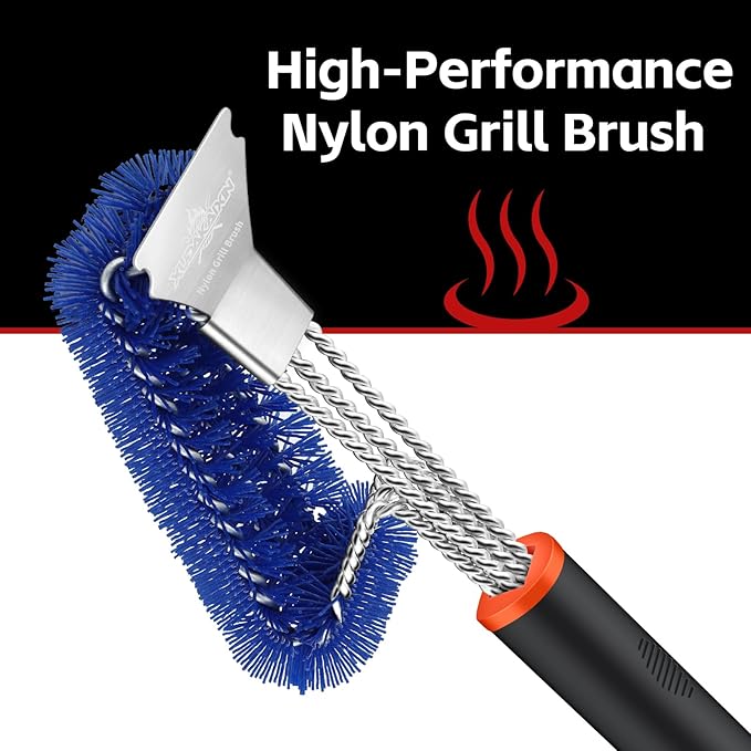 Grill Brush and Scraper, Safe Nylon Bristles Barbecue Triple Scrubbers Cleaning Brush for Cast Iron Grates/Porcelain/Weber Gas/Charcoal Grill,Extra Strong BBQ Cleaner Accessories (Blue)