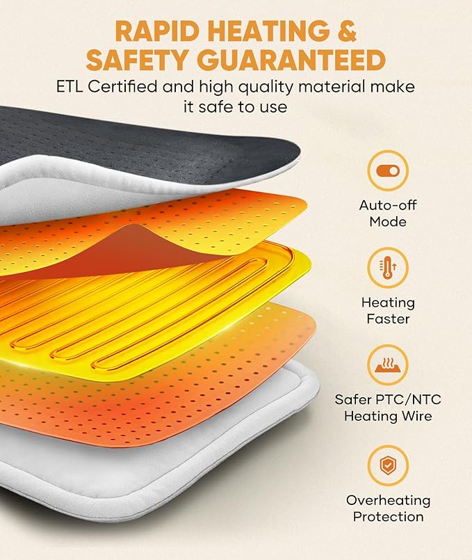 VITANEST Heating Pad for Back Pain Relief Electric Heat Pads for Period Cramps 18" x 33" Hot Pad for Arms, Abdomen, Shoulder, Knee, Legs 3 Heat Settings and 2H Auto-Off, Gifts for Women and Men, Gray