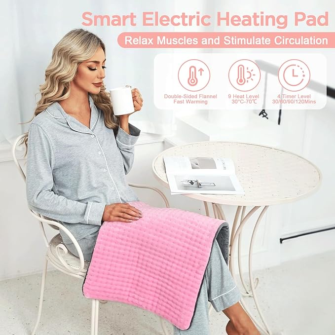 Heating Pad for Back & Period Cramps Relief, Electric Heat Pad for Neck and Shoulder, 9 Adjustable Heat, Machine Washable,Birthday Christmas Gifts for Women Men Mom Dad (Pink+Grey, 12" x 24")
