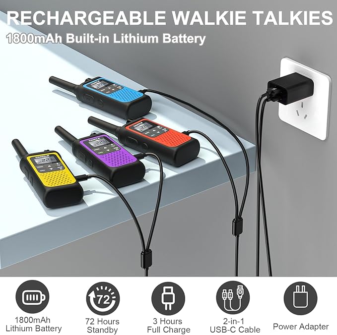 Rechargeable Walkie Talkies Long Range, 4 Pack Walkie Talkies for Adults NOAA Weather Alert, 2 Way Radio 22 FRS Channel with 1800mAh Li-ion Battery Charger USB-C Cable VOX for Hiking Cruises Camping