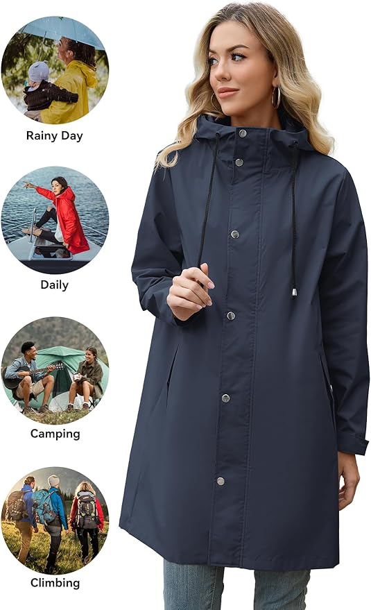 Zando Long Packable Rain Jacket Women Waterproof - Raincoat for Women Rain Coat with Hood Lightweight Outdoor Windbreaker