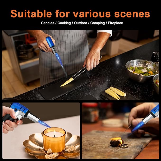 Butane Torch Lighter Refillable with Adjustable Flame Kitchen Torch for Creme Brulee Baking BBQ Cooking Soldering One Hand Operation with Fuel Window Safety Lock (Butane Gas Not Included)