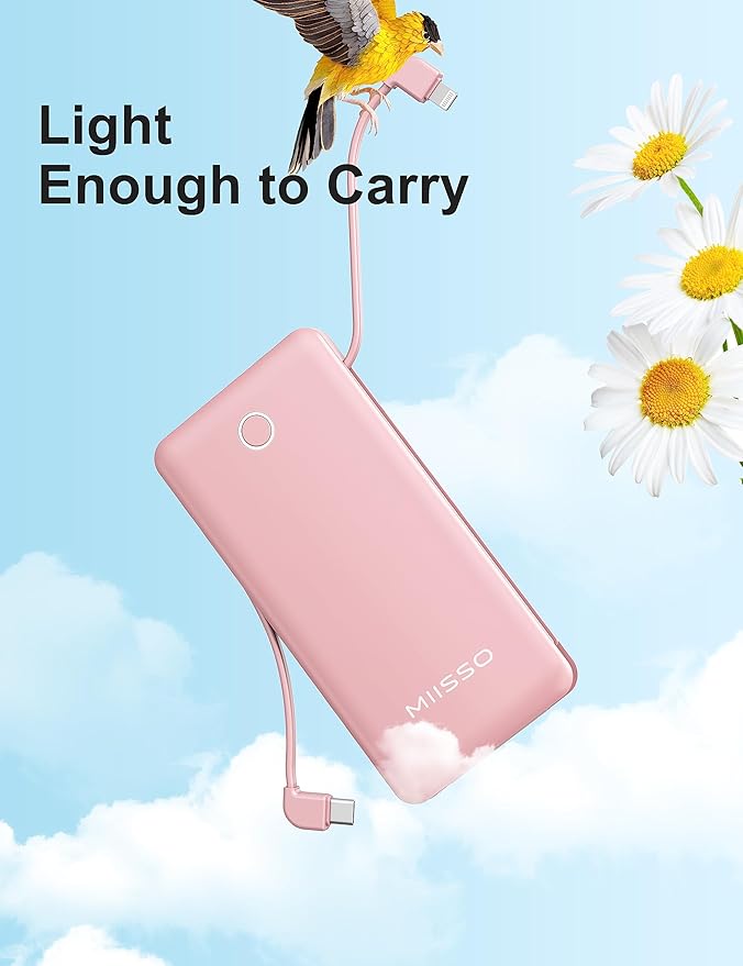 miisso 10000mAh Slim Portable Charger with Built in Cable, Power Bank Travel Charger External Battery Pack for Phone, 4 Output USB Type C Cord Clutch Charger Compatible with iPhone, Light Pink