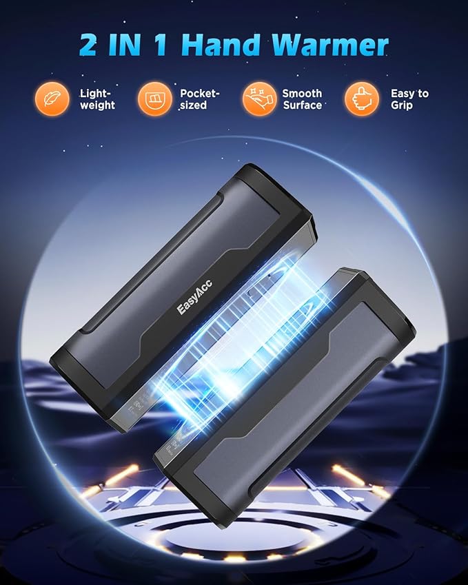 EasyAcc Hand Warmers Rechargeable 2 Pack, 10000mAh Magnetic Hand Warmers, 18Hrs Long Heating, with Camping Hook, Portable Power Bank, Pocket Size, Gifts for Christmas, Camping