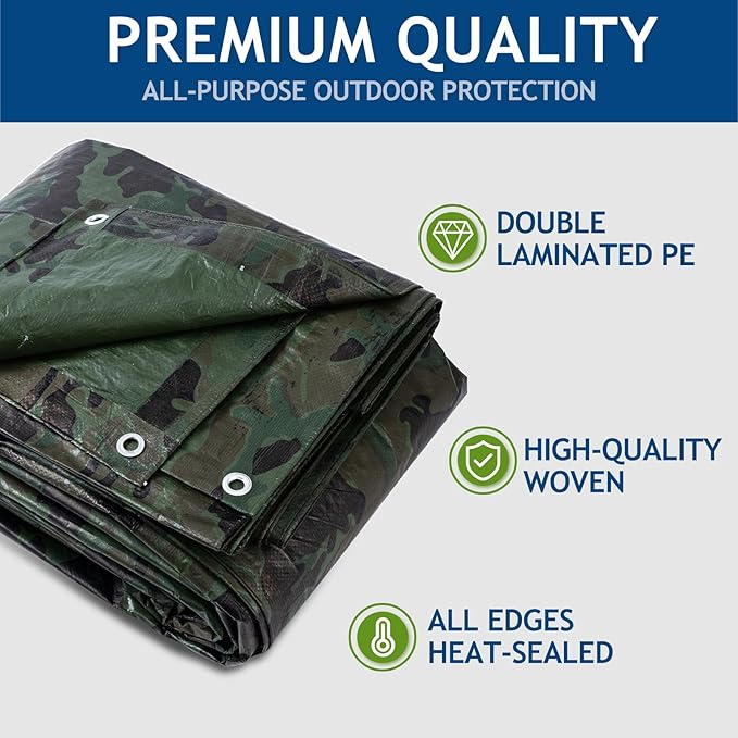 10 Mil Heavy Duty Waterproof Tarps, 10x20 Ft Finished Size Tarps, Premium Tarp with Metal Grommets & Reinforced Edge, Multipurpose Thick Poly Tar for Car, Boat, Roof, Camping - Camouflage