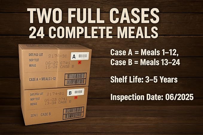 24 Military-Style MREs – Case A & B – Complete Meals with Flameless Heaters – Emergency Food Supply for Survival, Camping & Prepping – Long Shelf Life – All Menus Included