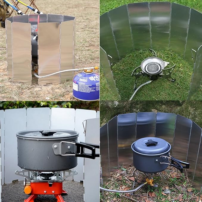 RioRand Folding Ultralight Camping Stove Windscreen Portable Backpacking Stove Windshield, Backpack Windscreen for Butane/Backpacking Stoves, Camp Windshield for Outdoor Camping, Hiking, BBQ 12 Plates