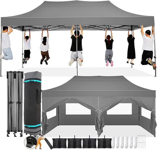 COBIZI 10x20 Pop Up Canopy with 6 Sidewall,Heavy Duty Canopy UPF 50+ All Season Wind Waterproof Commercial Outdoor Wedding Party Tents for Parties Canopy Gazebo with Roller Bag(10 x 20 ft Gray)