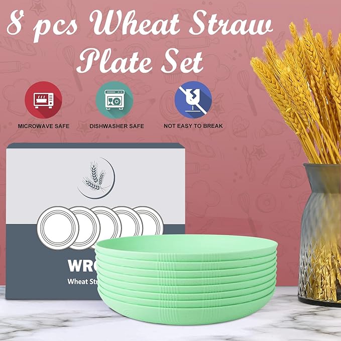Wheat Straw Plates - 10 Inch Unbreakable Dinner Plates Set of 8 - Dishwasher & Microwave Safe Plastic Plates Reusable for Kitchen and Camping (Light Green)