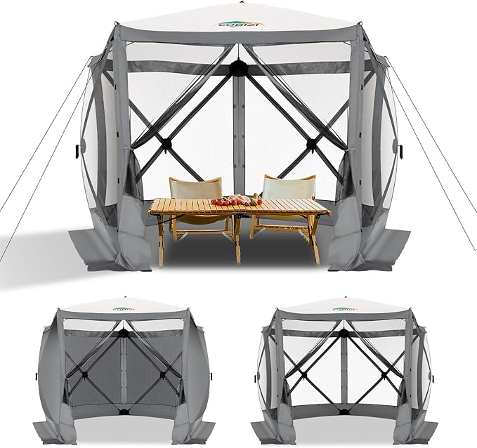 COBIZI 10x10ft Pop up Gazebo Screen House Tent for Camping, Pop-up Camping Canopy with Sidewalls,Portable Outdoor Quick-Set Hub Tent with Carrying Bag&Ground Stakes,Gray(Upgraded 2.0)