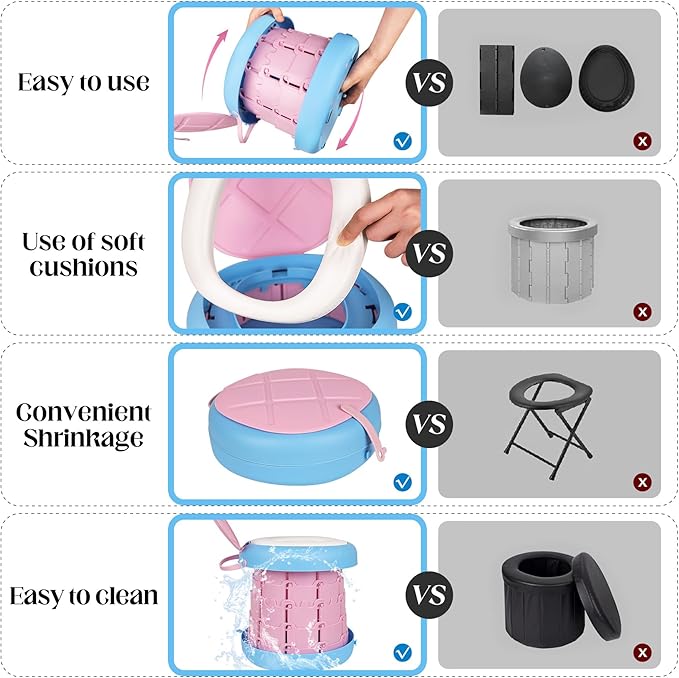 Inmorven Portable Toilet Camping Retractable Potty Adjustable Height Camp Potty for Adults Kids, Foldable Portable Toilet or Camping, Car, Travel, Boat, Beach, Tent and Emergency Use - Pink