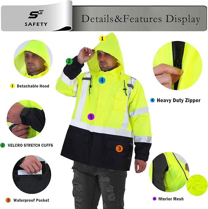 High Vis Rain Jacket, Rain Suits for Men Waterproof with Black Bottom, Class 3 Rain Coats for Men Interior Mesh, High Visibility Rain Gear, Removable Hood Orange (4XL/5XL)