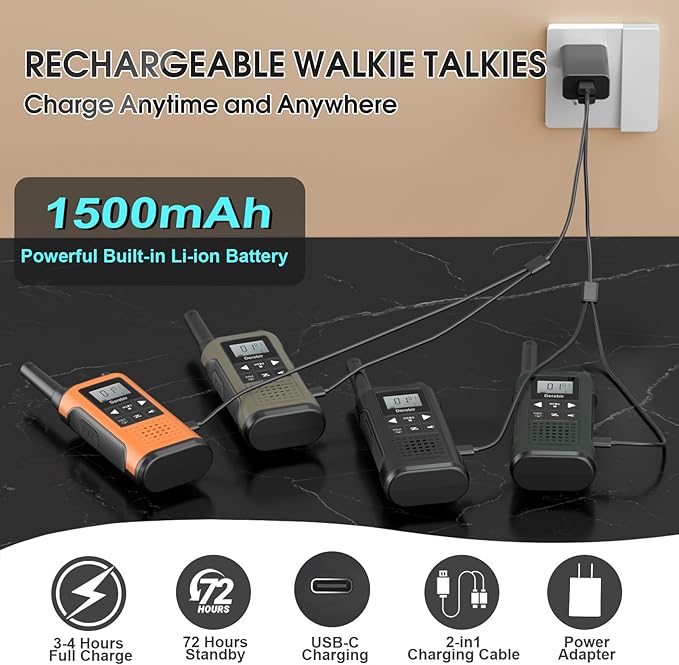 Walkie Talkies Long Range for Adults-4 Pack Rechargeable Walkie Talkies 22 FRS Channels 2-Way Radios with NOAA Weather Alert,VOX,Flashlight and 1500mAh Li-ion Battery for Family Camping Hiking