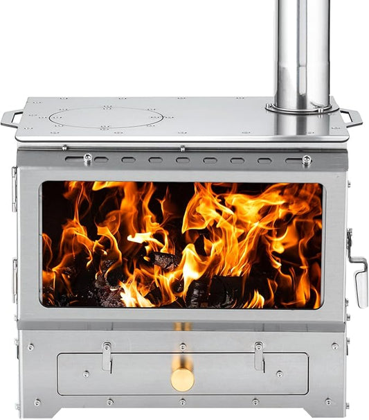 Hot Tent Stove, Heavy-Duty Stainless Steel Wood Burning Camping Stove with Chimney Pipes for Outdoor Cooking