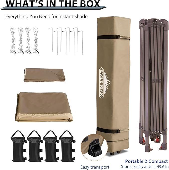 EAGLE PEAK 13x13 Straight Leg Pop Up Canopy Tent Instant Outdoor Canopy Easy Single Person Set up Folding Shelter w/Auto Extending Eaves 169 Square Feet of Shade (Beige)