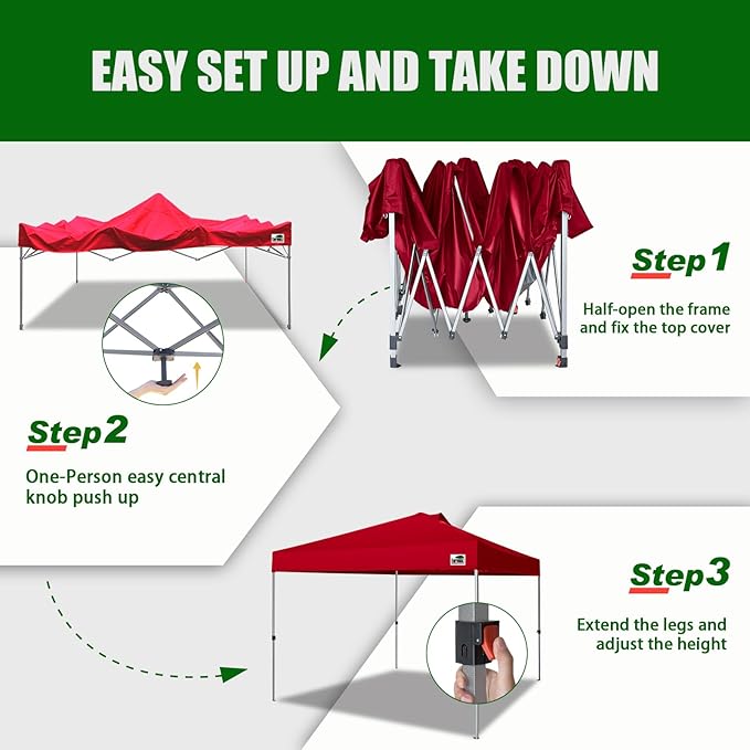 Eurmax USA NOMATTER ONE-Person Open&Close 10x10ft Pop Up Canopy Tent,Portable Shelter Canopy for Outdoor Events,Instant Canopies, Temporary Sunshade,Bonus 4 Sand Bags(Red)