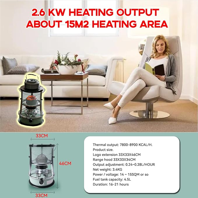 Kerosene Heater,Kerosene Heaters for Indoor Use,2600W Heating power,15㎡ Heating range,Portable Heater for Indoor and Outdoor, Camping and Fishing(Red,4.5l)