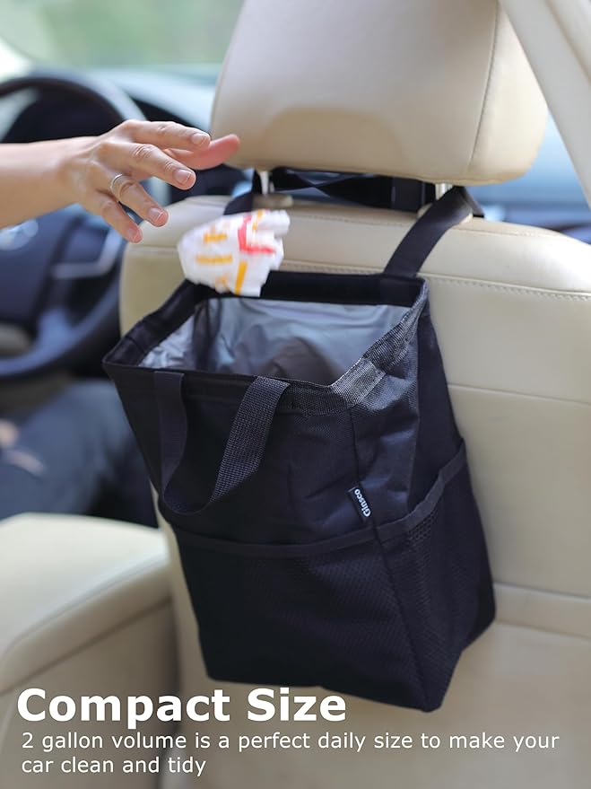 Ginsco New Leak-Proof Travel Trash Bag, Hanging Car Trash Can with Hook and Loop Lid and Handle, Multipurpose Trash Bin with Storage Pockets for Car SUV Truck RV Camping 2 Gallons, Black