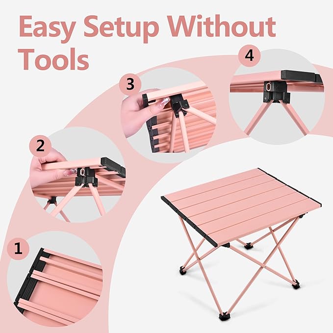Grope Portable Camping Table with Aluminum Table Top, Folding Beach Table Easy to Carry, Prefect for Outdoor, Picnic, BBQ, Cooking, Festival, Beach, Home (Pink-L)