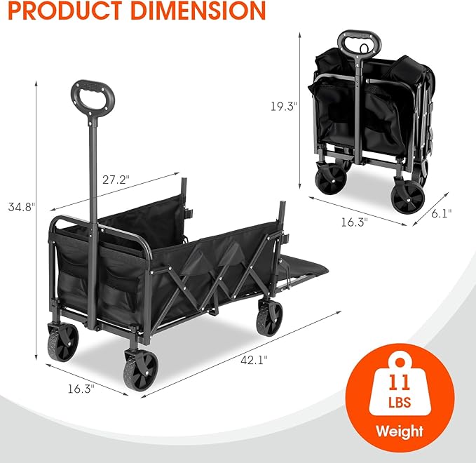 Folding Camping Wagon with Extended Tailgate, Portable Lightweight Utility Cart with Wheels, 350LBS Capacity Collapsible Beach Wagon for Outdoor, Groceries, Picnic, Travel - Compact & Easy Storage