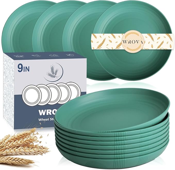 Wheat Straw Plates - 9 Inch Unbreakable Dinner Plates Set of 8 - Dishwasher & Microwave Safe Plastic Plates Reusable for Kitchen and Camping (Green)