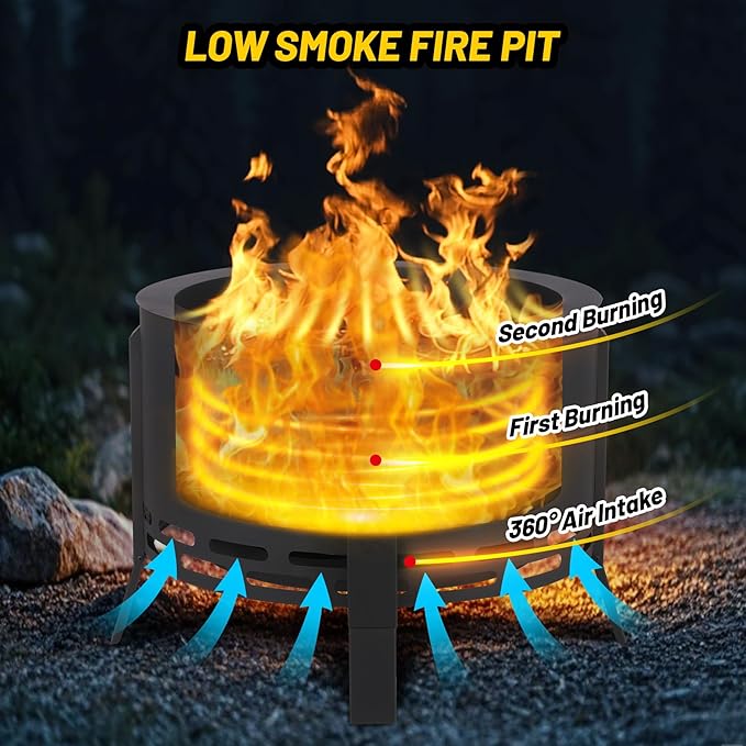 26" Smokeless Fire Pit with Ash Tray Base,Smokeless Outdoor Firepits with Adjustable Foot&Fire Poker,Firepit with Dust Bag,Outdoor Fire Pits for BBQ,Bonfire,Camping