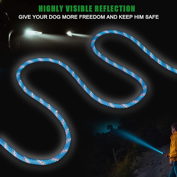 Dog Camping Essentials,Tie Out Cable for Camping,50ft Portable Trolley System with 10ft Runner Lead for Dogs up to 200lbs,Portable Reflective Dog Lead Line for Yard, Park and Outdoor (Blue)