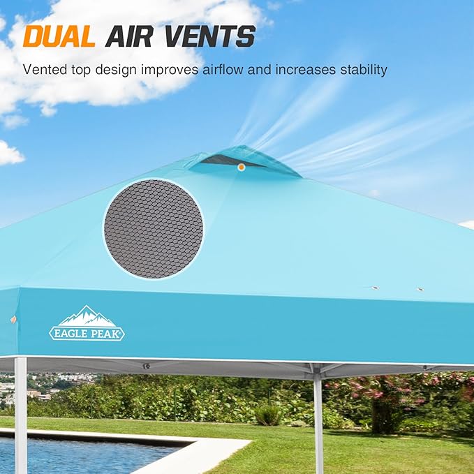 EAGLE PEAK Pop Up Canopy Tent with Wheeled Carry Bag, 8 Stakes, 4 Ropes, 4 Weight Bags, Easy Set Up Tent Canopy, 10x10 ft, 100sqft of Shade, Light Blue